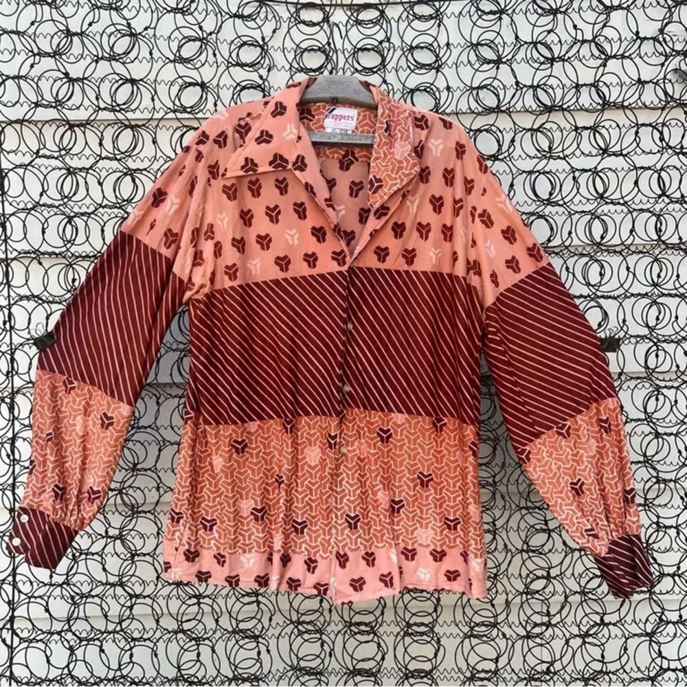 Vintage 70s Rust Salmon Geometric Disco Dagger Point collar Button Up Shirt XLT